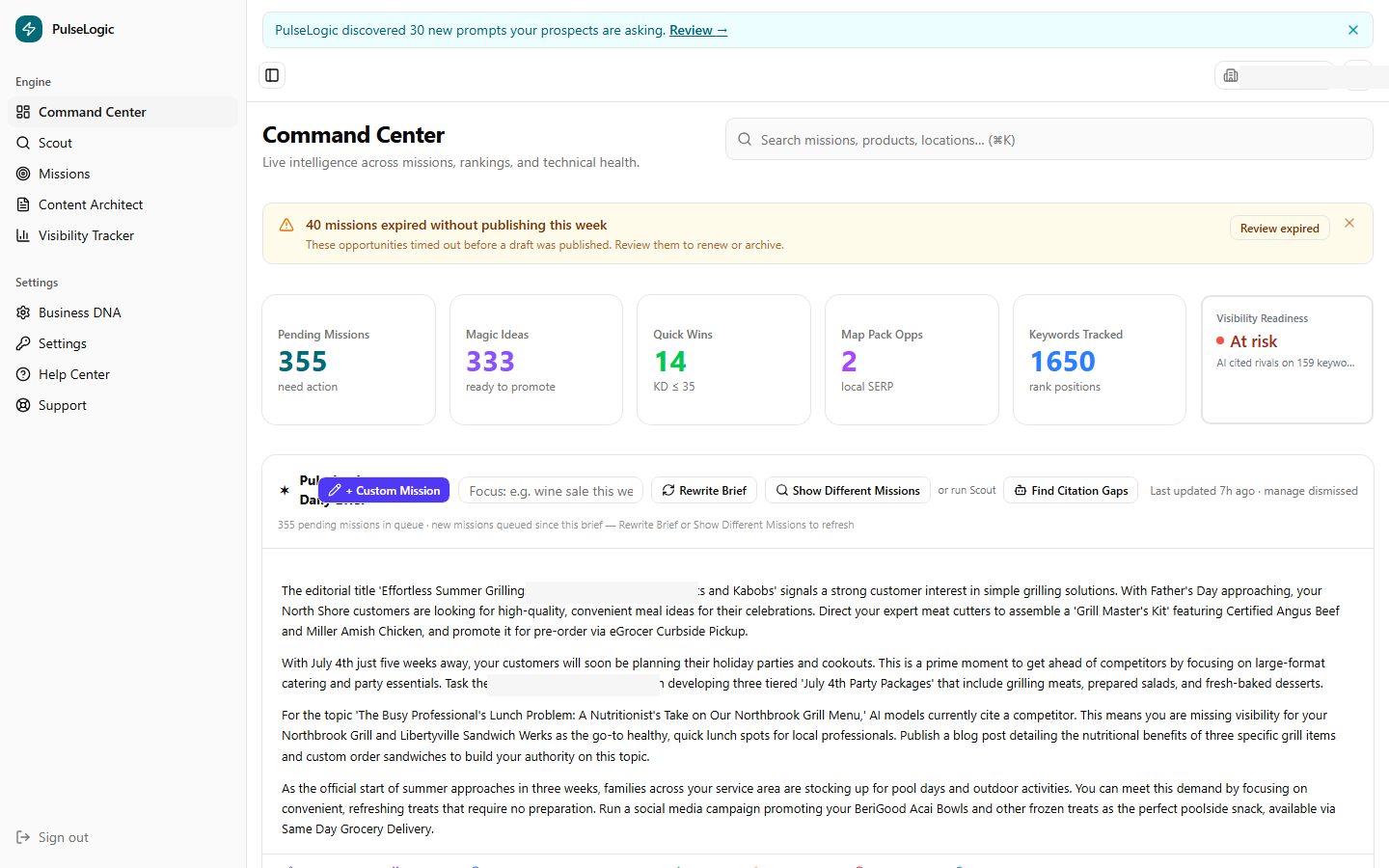 PulseLogic Command Center showing the AI Daily Brief and a grid of content opportunity cards