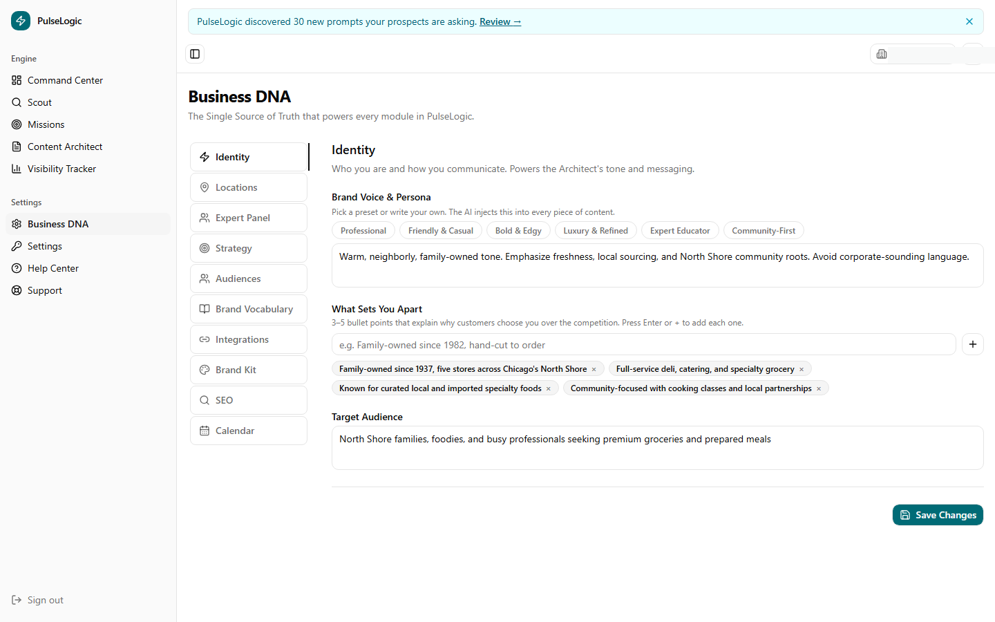 PulseLogic Business DNA settings