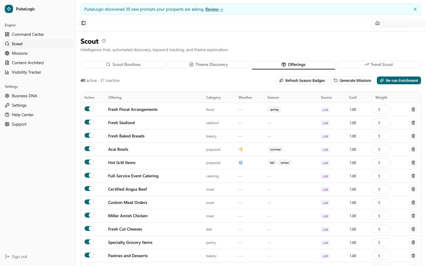 PulseLogic Scout offerings discovery table