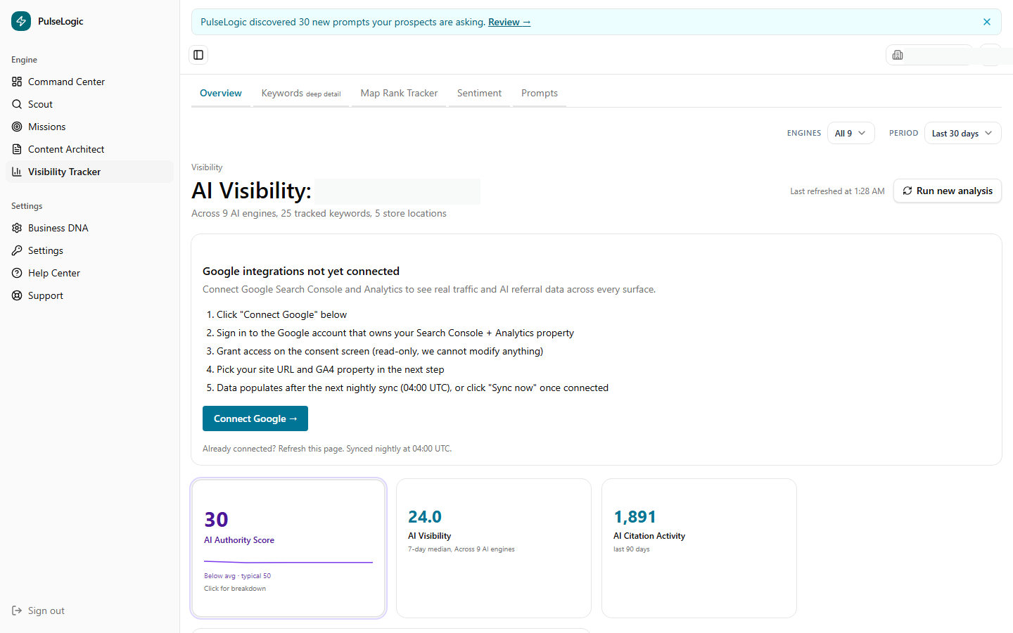 PulseLogic AI Visibility overview with AI Authority and prompt tracking
