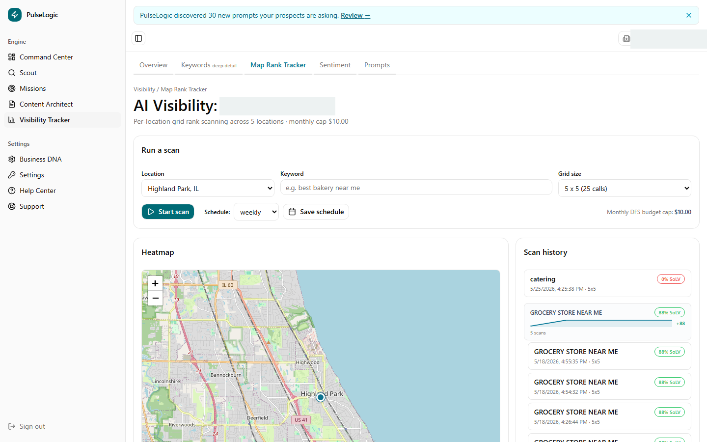 PulseLogic Map Rank view showing AI visibility scored separately for each store location across several cities