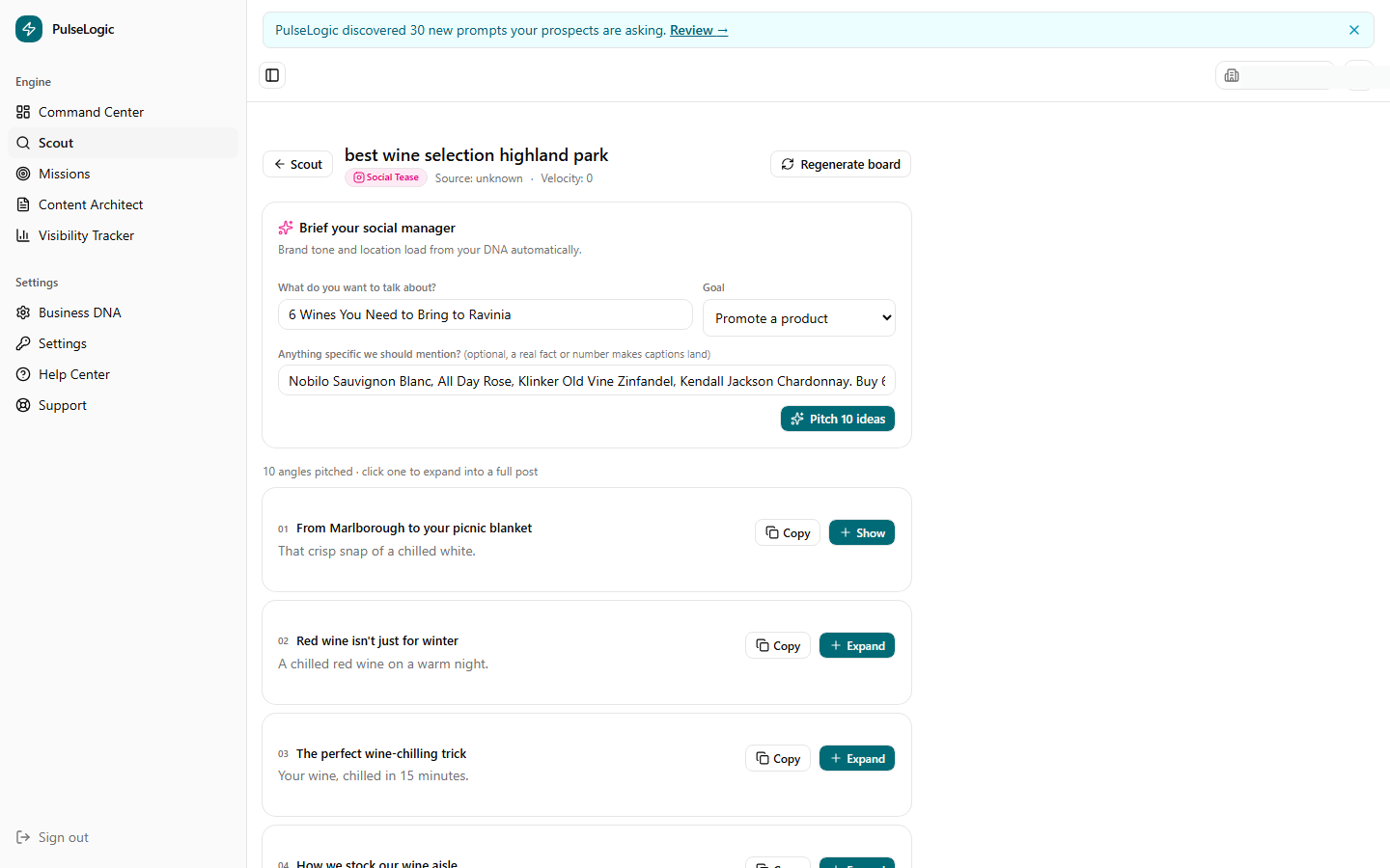 The PulseLogic Social Tease board showing a brief strip and a grid of distinct social angle cards