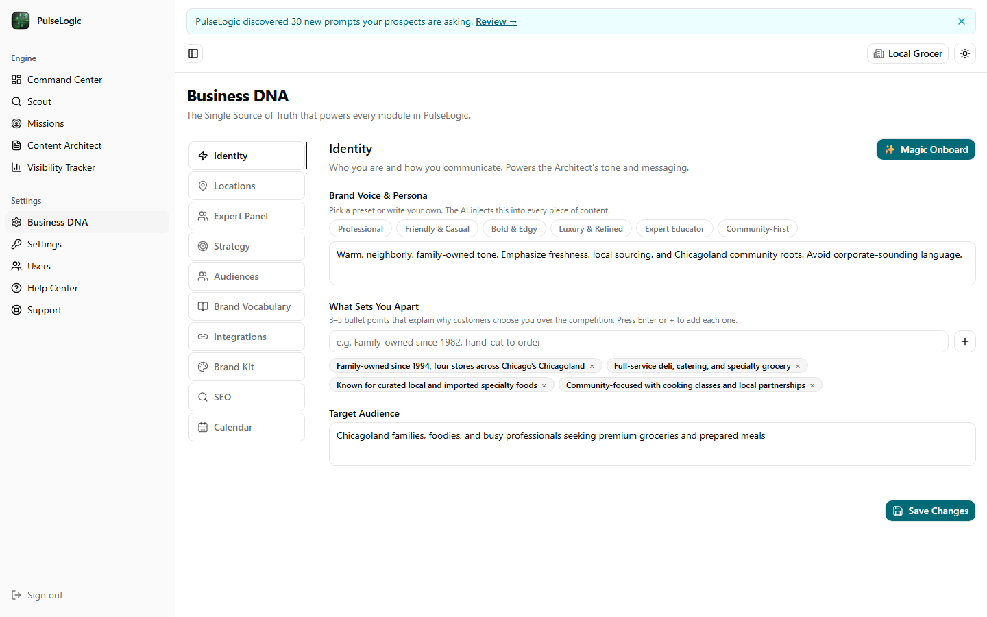 The Business DNA settings screen, showing a brand voice description, a set of what sets you apart statements, a target audience, and a side menu for locations, expert panel, strategy, audiences, brand vocabulary and brand kit.