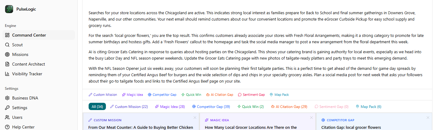 The Daily Brief, four short paragraphs naming specific local searches, what they imply about demand, and the exact page or post to publish in response.