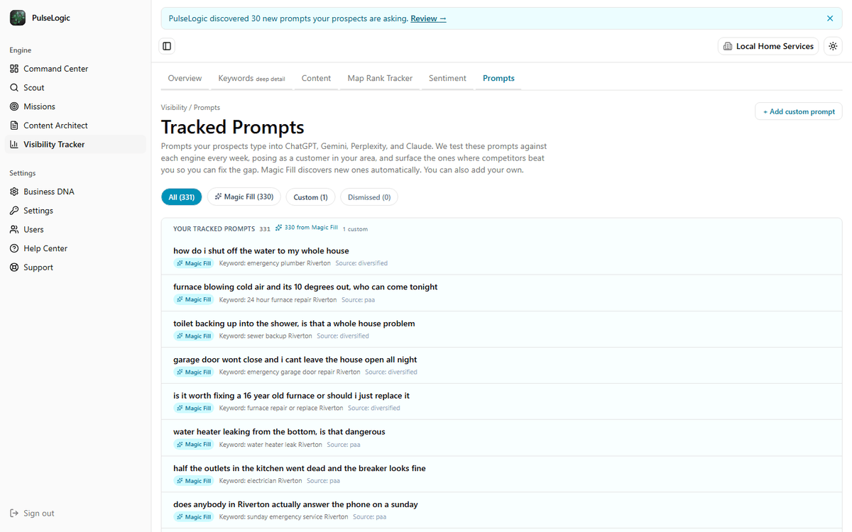 The tracked prompts view for a home services company, listing the questions buyers type into AI assistants with the keyword behind each one.