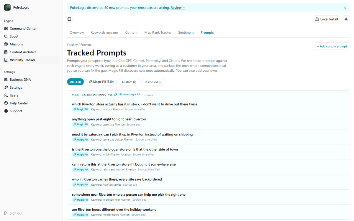 The tracked prompts view for a multi-location retailer, listing the questions buyers type into AI assistants with the keyword behind each one.