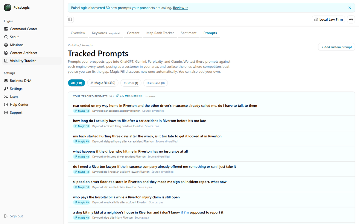 The tracked prompts view for a personal injury firm, listing the questions buyers type into AI assistants with the keyword behind each one.