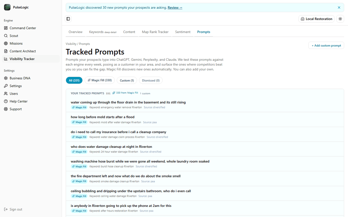The tracked prompts view for a restoration company, listing the questions buyers type into AI assistants with the keyword behind each one.