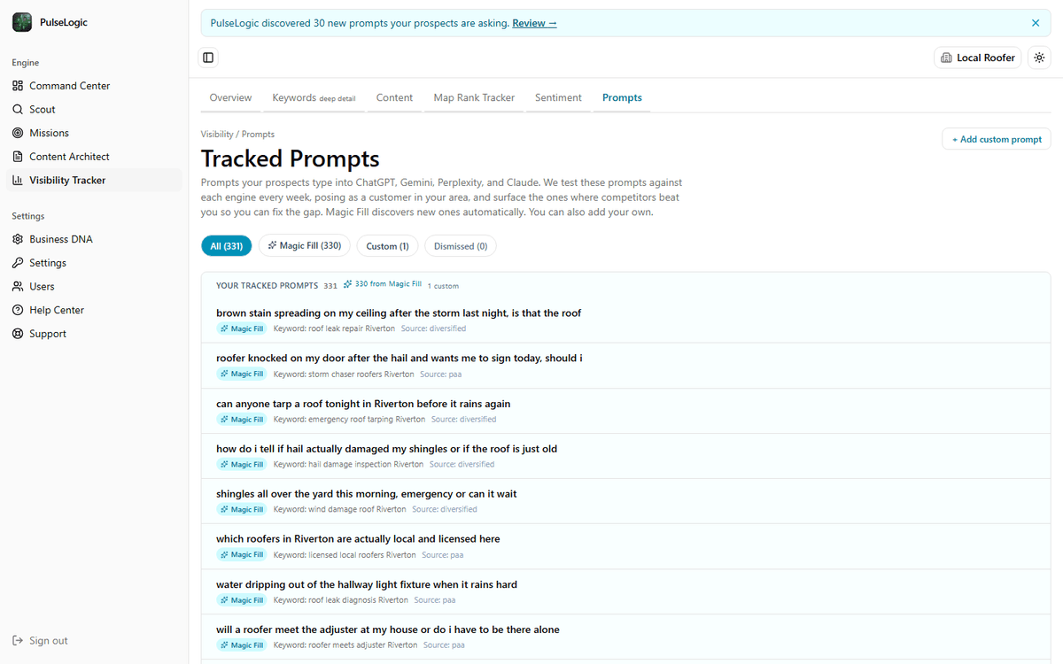 The tracked prompts view for a roofing contractor, listing the questions buyers type into AI assistants with the keyword behind each one.