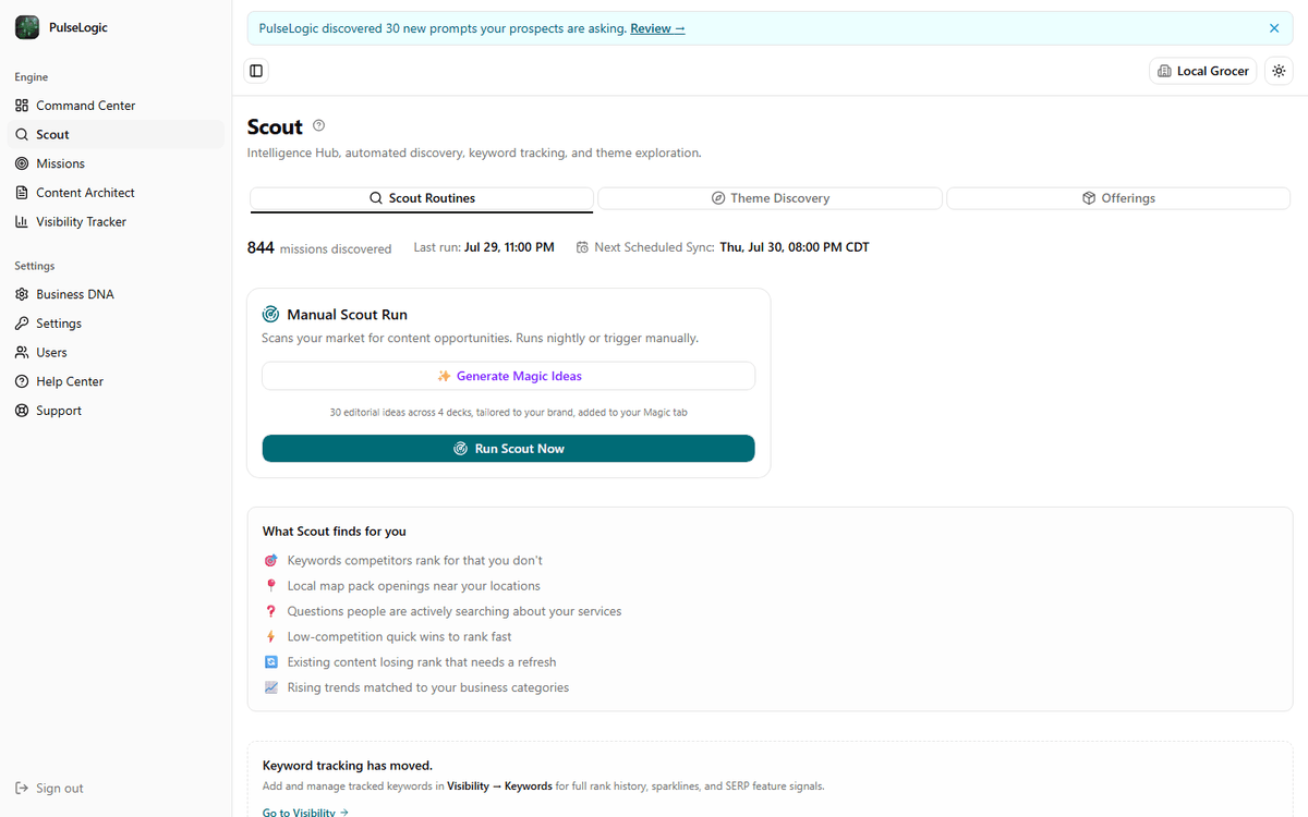 The Scout page, showing discovered opportunities with their scores and the reason each one surfaced.